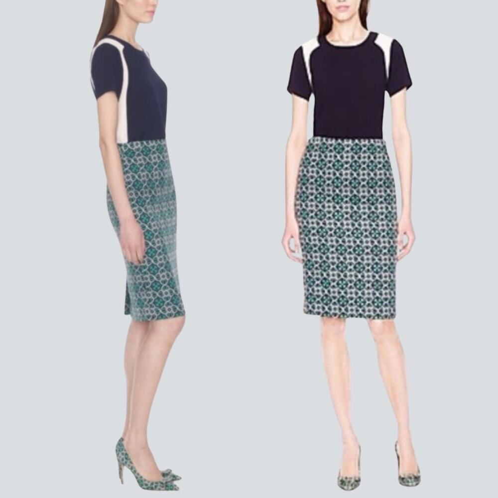 J.CREW No 2 Pencil Skirt Green Navy Lattice Medallion Tile Pattern Work Size 00